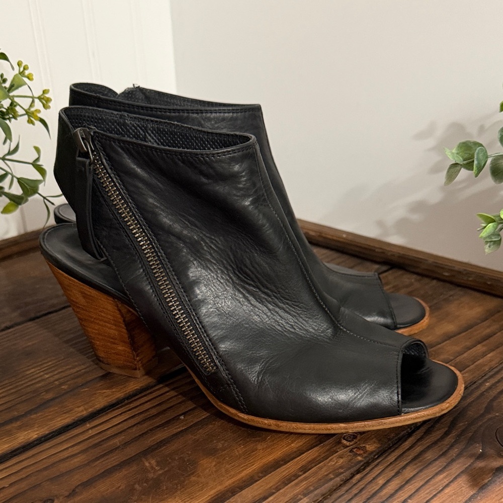 Paul Green Black Leather Peep-Toe Ankle Boots with Wood-Tone Heel